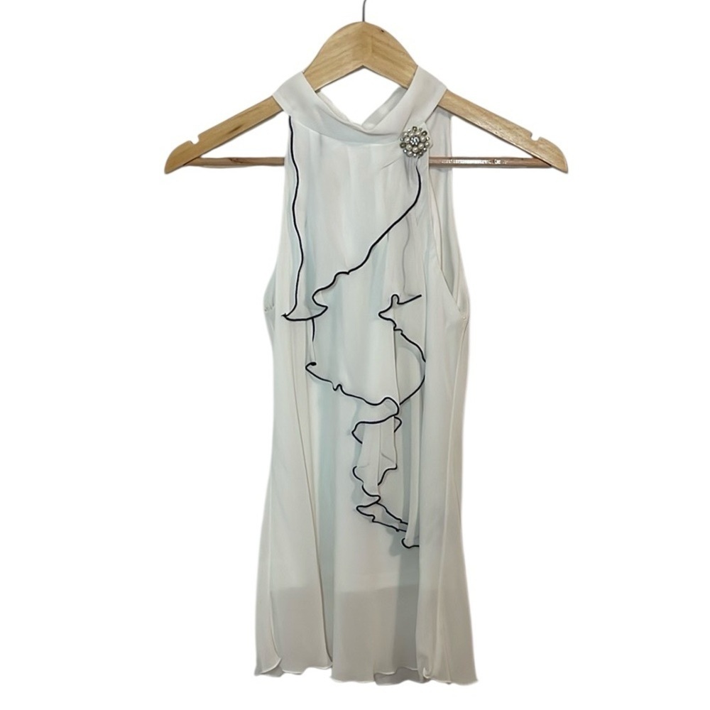 BCX sleeveless high neck white blouse, ruffles, XS